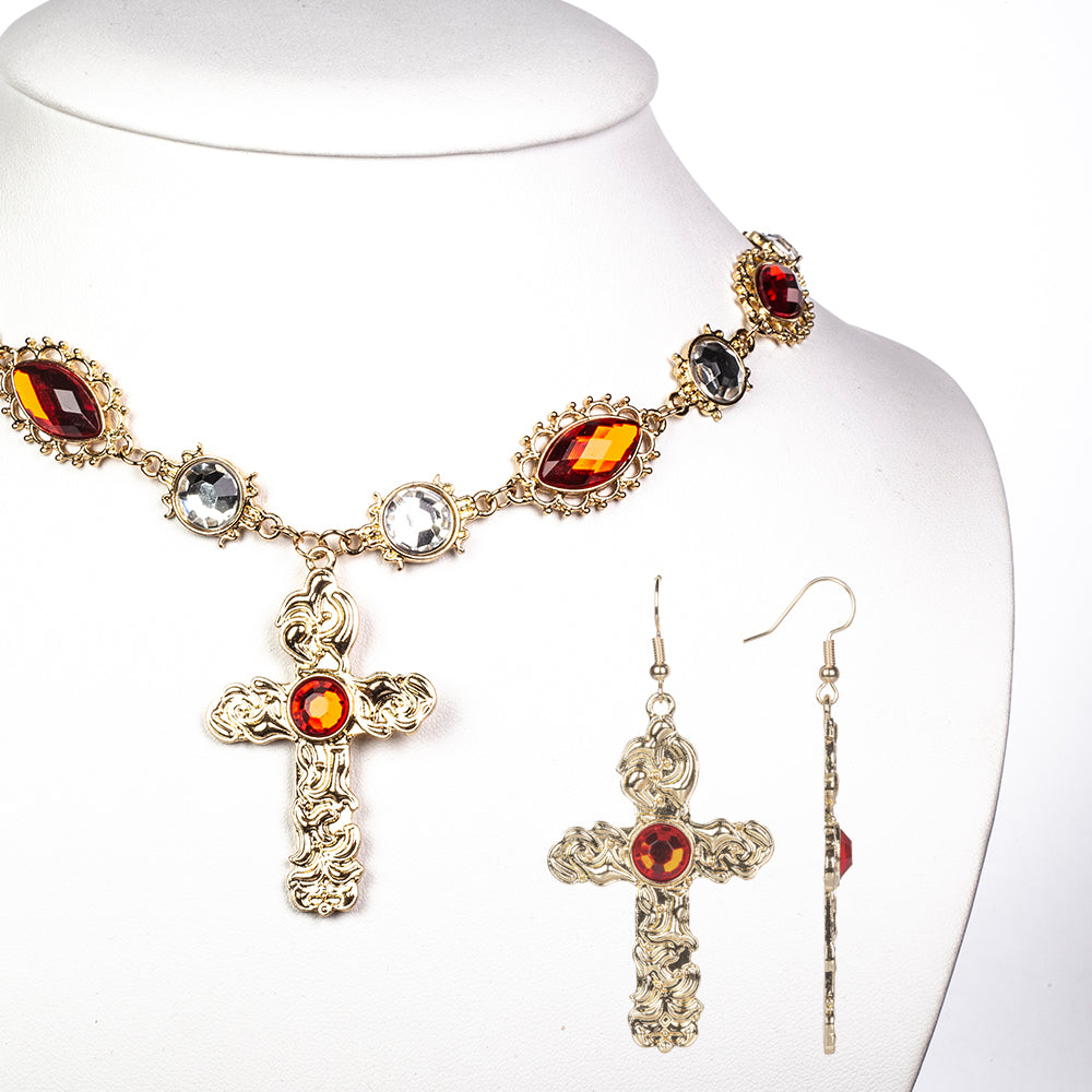 Cruz Conjunto de Aleación Bañado en Oro con Cristal Emporia® Rojo y Cristal Emporia® Blanco ( Collar +Pendientes +Colgante ) 1 