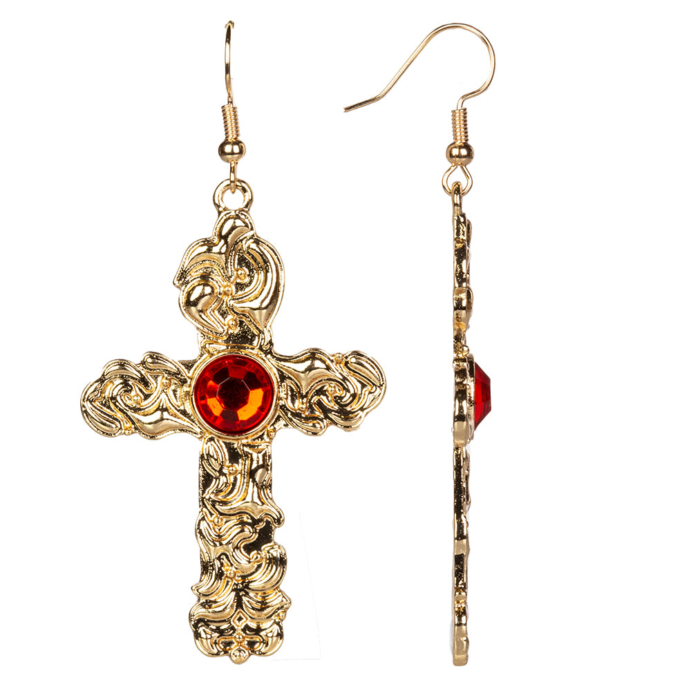 Cruz Conjunto de Aleación Bañado en Oro con Cristal Emporia® Rojo y Cristal Emporia® Blanco ( Collar +Pendientes +Colgante )