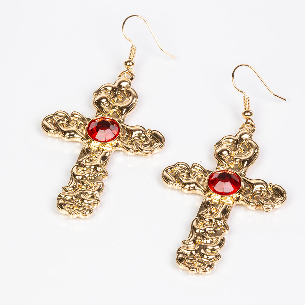 Cruz Conjunto de Aleación Bañado en Oro con Cristal Emporia® Rojo y Cristal Emporia® Blanco ( Collar +Pendientes +Colgante ) 3 