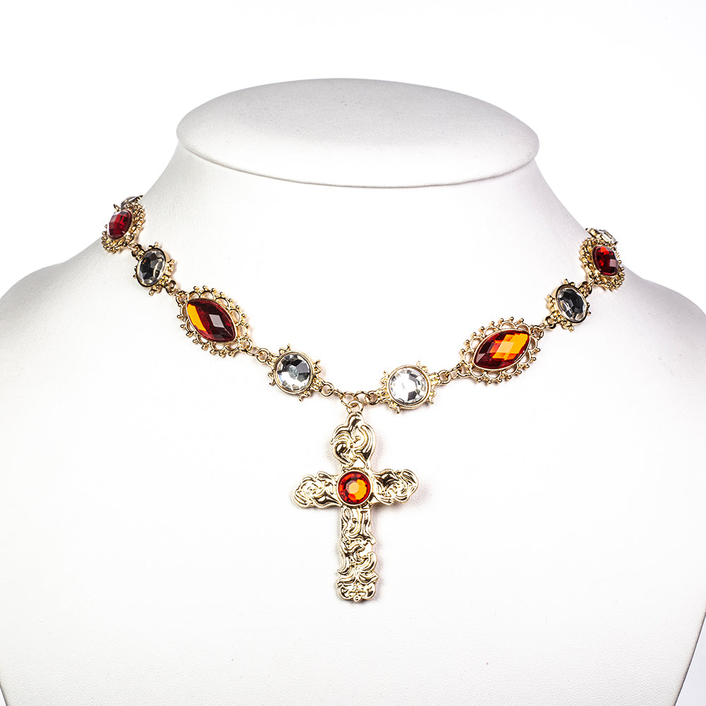 Cruz Conjunto de Aleación Bañado en Oro con Cristal Emporia® Rojo y Cristal Emporia® Blanco ( Collar +Pendientes +Colgante )