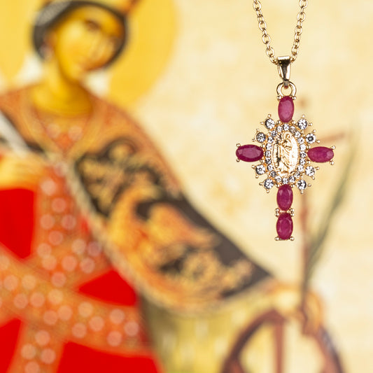 Cruz Collar de Aleación Bañado en Oro con Rubí y Cristal Emporia® Blanco ( Collar +Colgante )