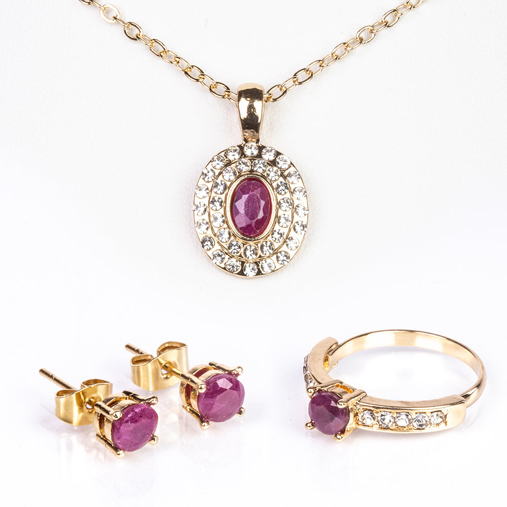 Conjunto de Aleación Bañado en Oro con Rubí y Cristal Emporia® Blanco ( Collar +Pendientes +Anillo +Colgante )