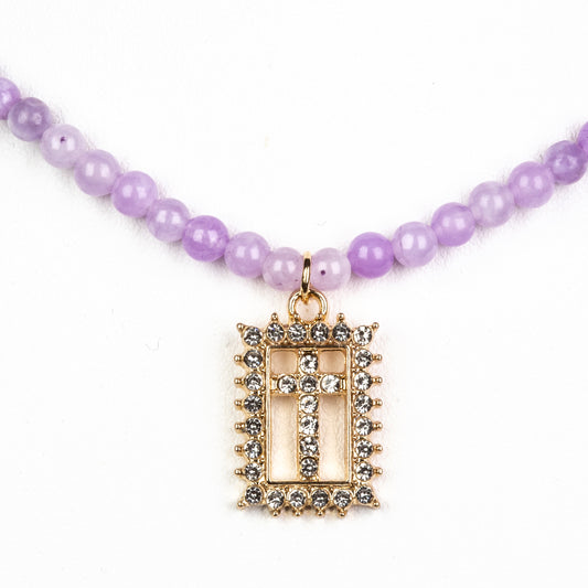 Cruz Collar Cuenta con Cuarzo Lavanda y Cristal Emporia® Blanco ( Collar +Colgante )