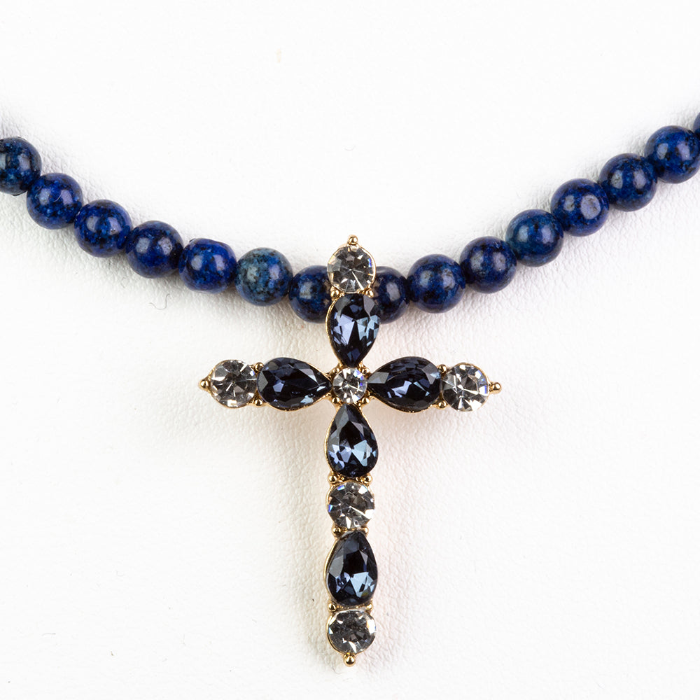 Cruz Collar de Aleación Bañado en Oro con Lapislázuli y Cristal Emporia® Azul ( Collar +Colgante )