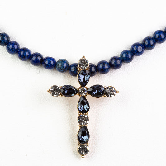 Cruz Collar de Aleación Bañado en Oro con Lapislázuli y Cristal Emporia® Azul ( Collar +Colgante )