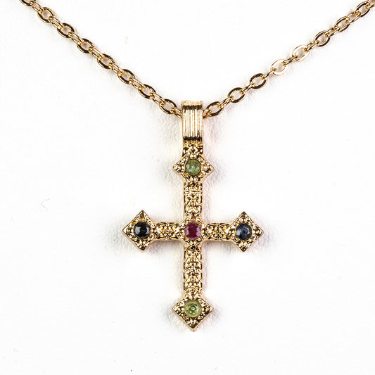 Cruz Collar de Aleación Bañado en Oro con Rubí de Birmania y Esmeralda de Brasil ( Collar +Colgante )