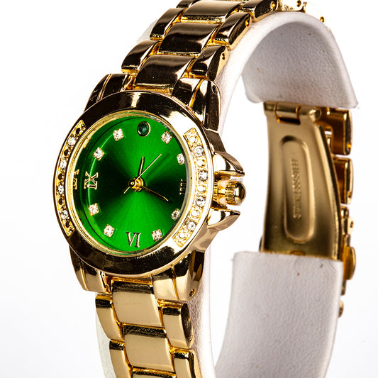 Reloj de Aleación Bañado en Oro con Esmeralda y Cristal Emporia® Blanco ( Collar +Pendientes +Colgante )