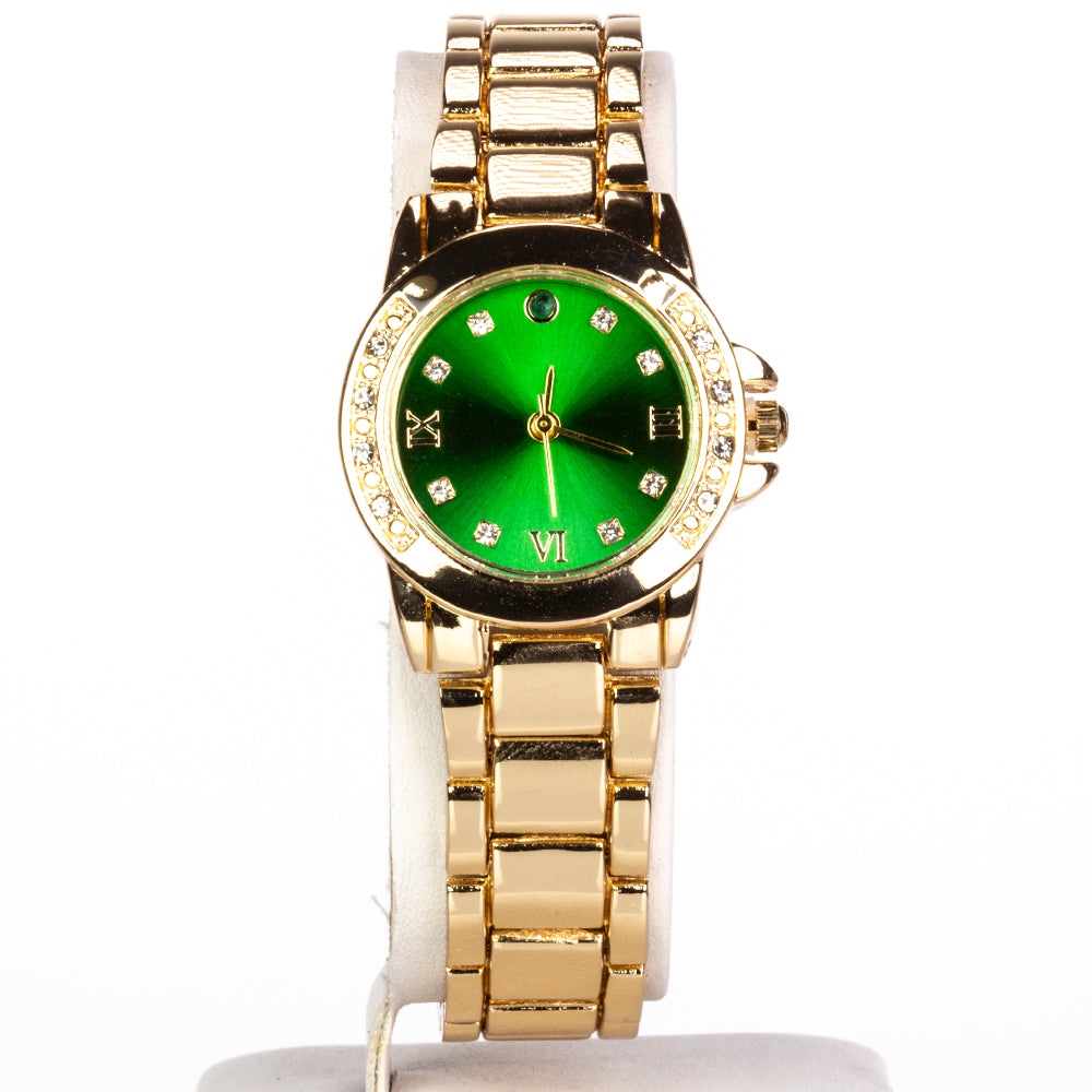 Reloj de Aleación Bañado en Oro con Esmeralda y Cristal Emporia® Blanco ( Collar +Pendientes +Colgante )