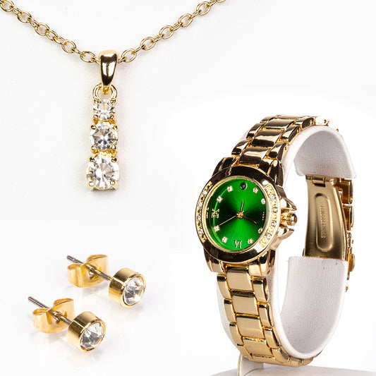 Reloj de Aleación Bañado en Oro con Esmeralda y Cristal Emporia® Blanco ( Collar +Pendientes +Colgante )