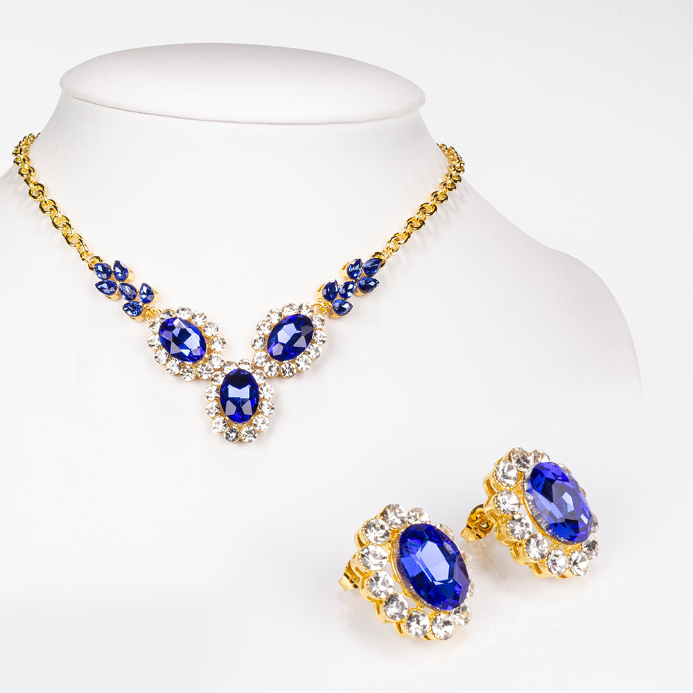 Conjunto de Aleación Bañado en Oro con Cristal Emporia® Azul y Cristal Emporia® Blanco ( Collar +Pendientes ) 1 
