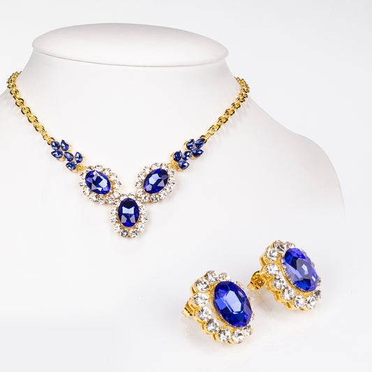 Conjunto de Aleación Bañado en Oro con Cristal Emporia® Azul y Cristal Emporia® Blanco ( Collar +Pendientes )