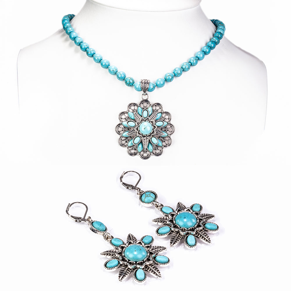 Conjunto de Aleación Bañado en Oro con Turquesa ( Collar +Pendientes )