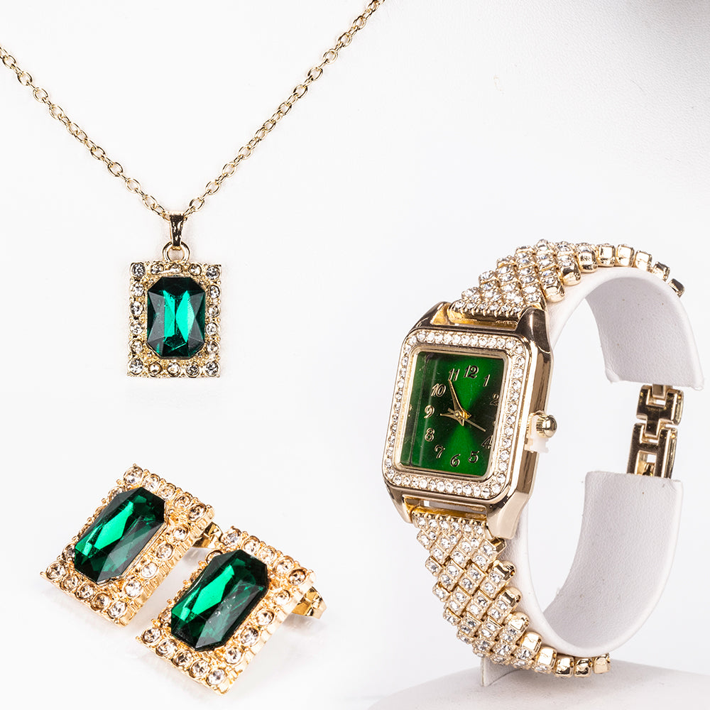 Reloj de Aleación Bañado en Oro con Cristal Emporia® Verde y Cristal Emporia® Blanco ( Collar +Pendientes +Colgante )