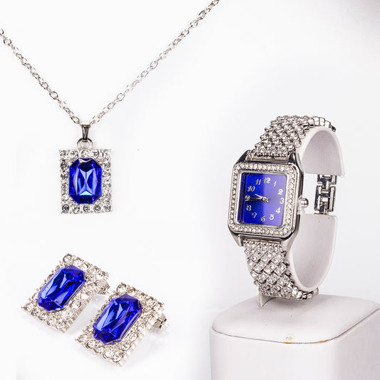 Reloj de Aleación Bañado en Oro con Cristal Emporia® Azul y Cristal Emporia® Blanco ( Collar +Pendientes +Colgante )