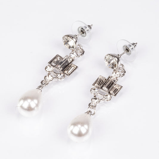 Conjunto de Aleación Bañado en Oro con Perla de cristal y Cristal Emporia® Blanco ( Collar +Pendientes )