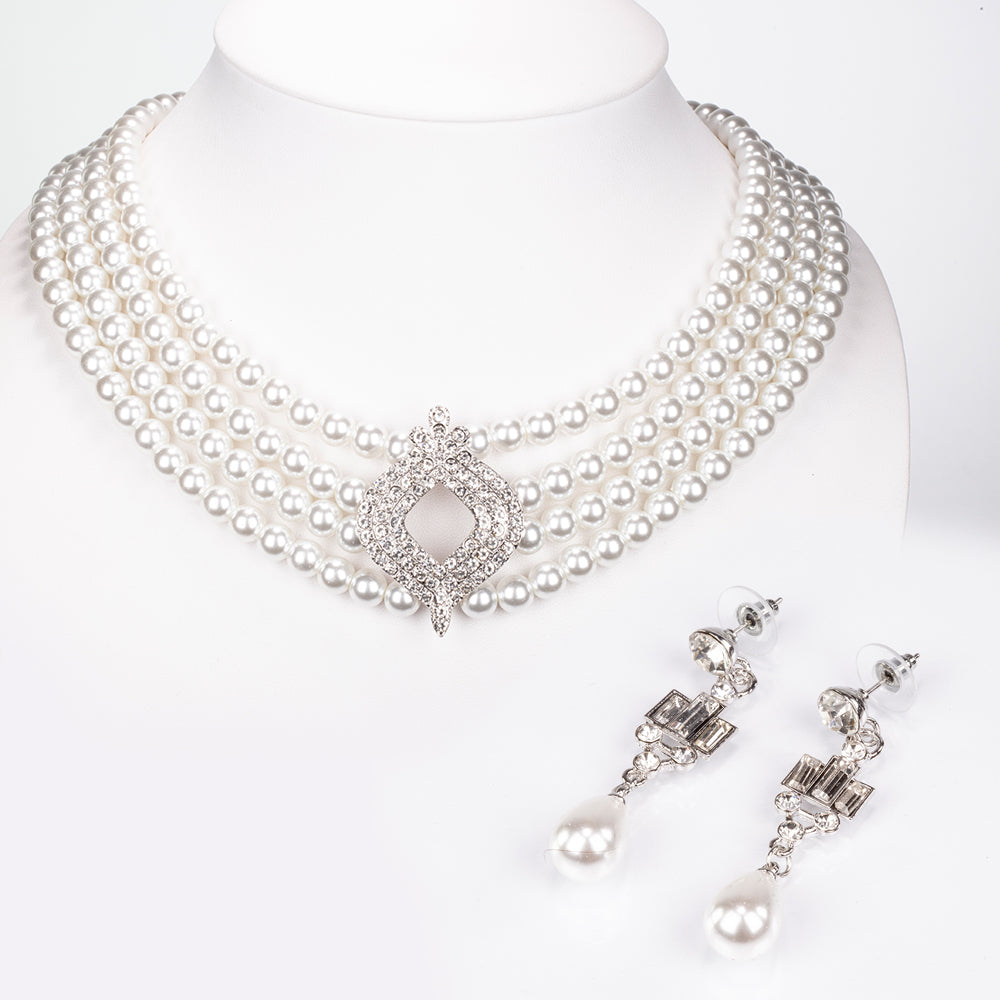 Conjunto de Aleación Bañado en Oro con Perla de cristal y Cristal Emporia® Blanco ( Collar +Pendientes ) 1 