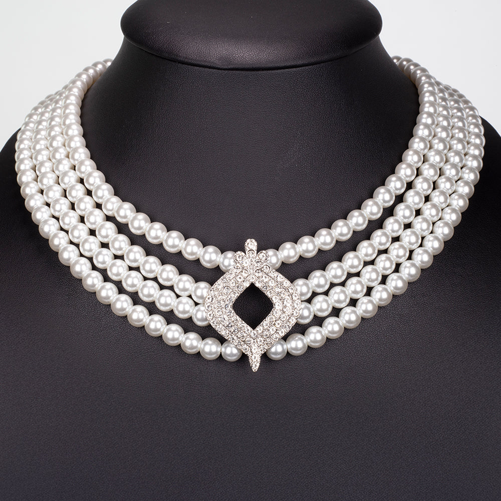 Conjunto de Aleación Bañado en Oro con Perla de cristal y Cristal Emporia® Blanco ( Collar +Pendientes ) 4 