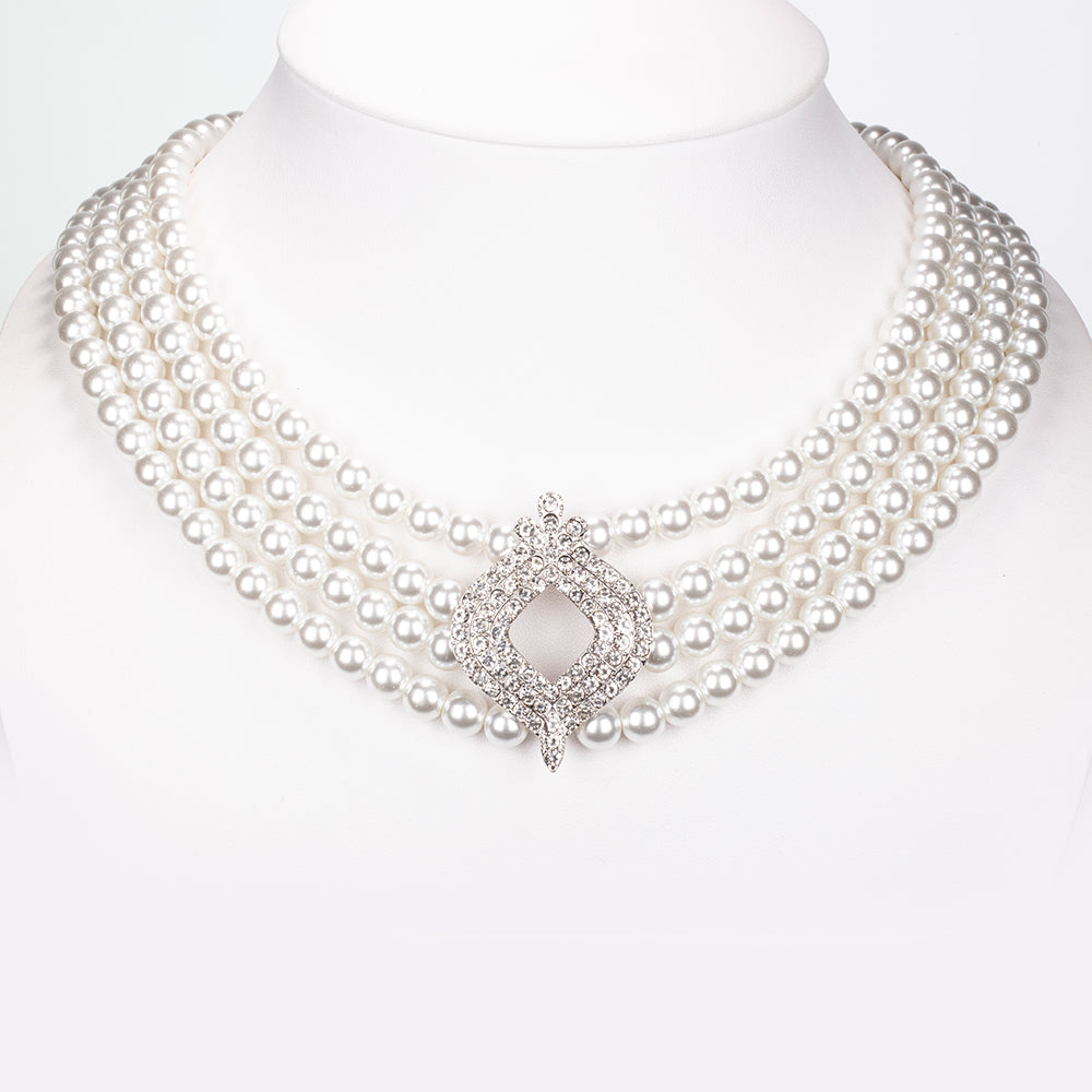 Conjunto de Aleación Bañado en Oro con Perla de cristal y Cristal Emporia® Blanco ( Collar +Pendientes )