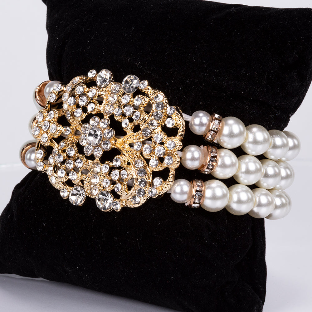 Conjunto de Aleación Bañado en Oro con Perla de cristal y Cristal Emporia® Blanco ( Collar +Pulsera ) 2 