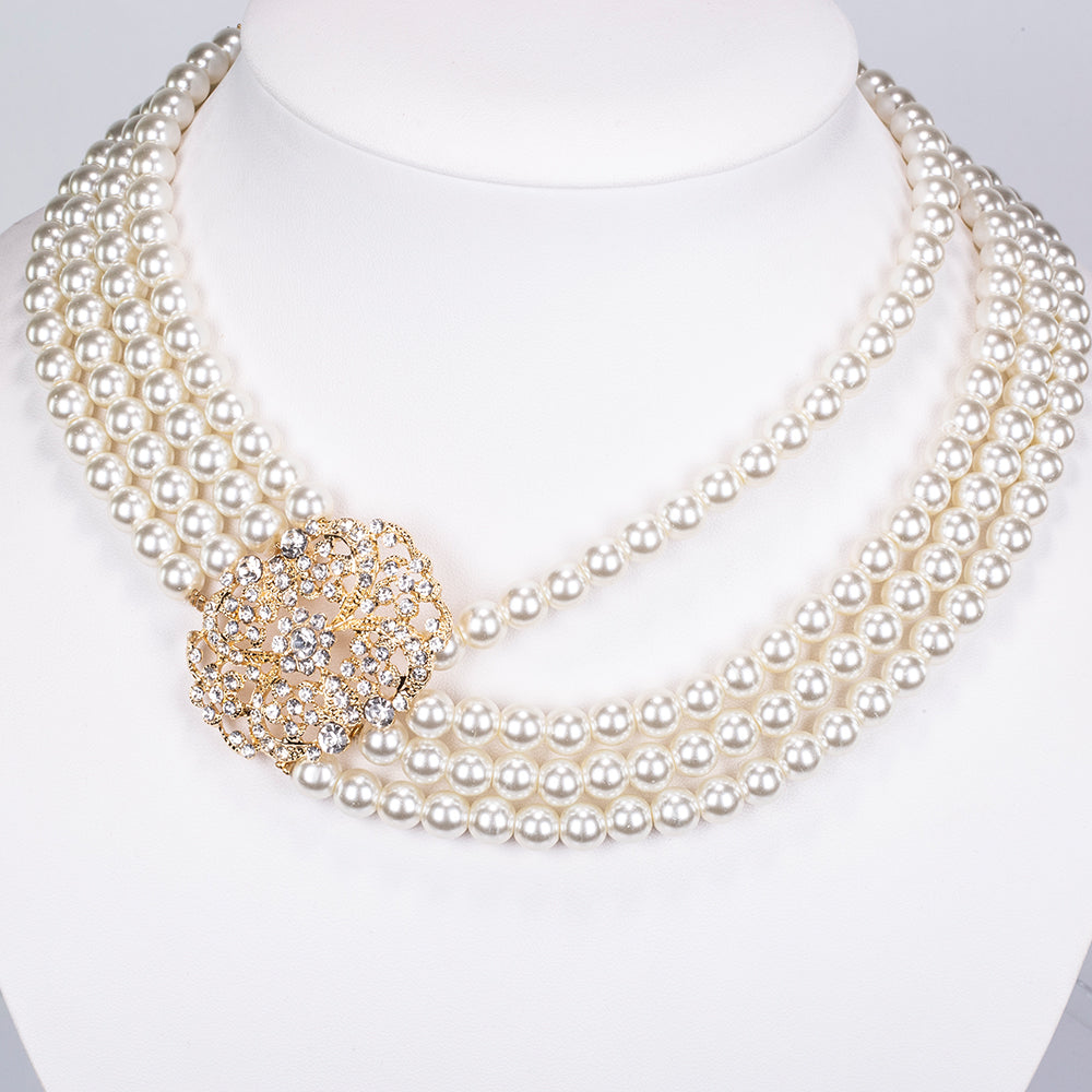 Conjunto de Aleación Bañado en Oro con Perla de cristal y Cristal Emporia® Blanco ( Collar +Pulsera )