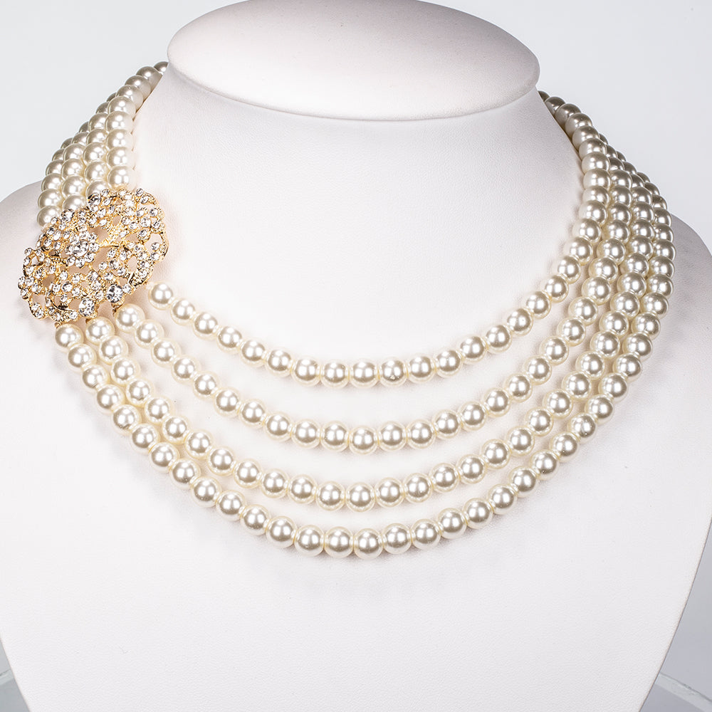 Conjunto de Aleación Bañado en Oro con Perla de cristal y Cristal Emporia® Blanco ( Collar +Pulsera ) 5 
