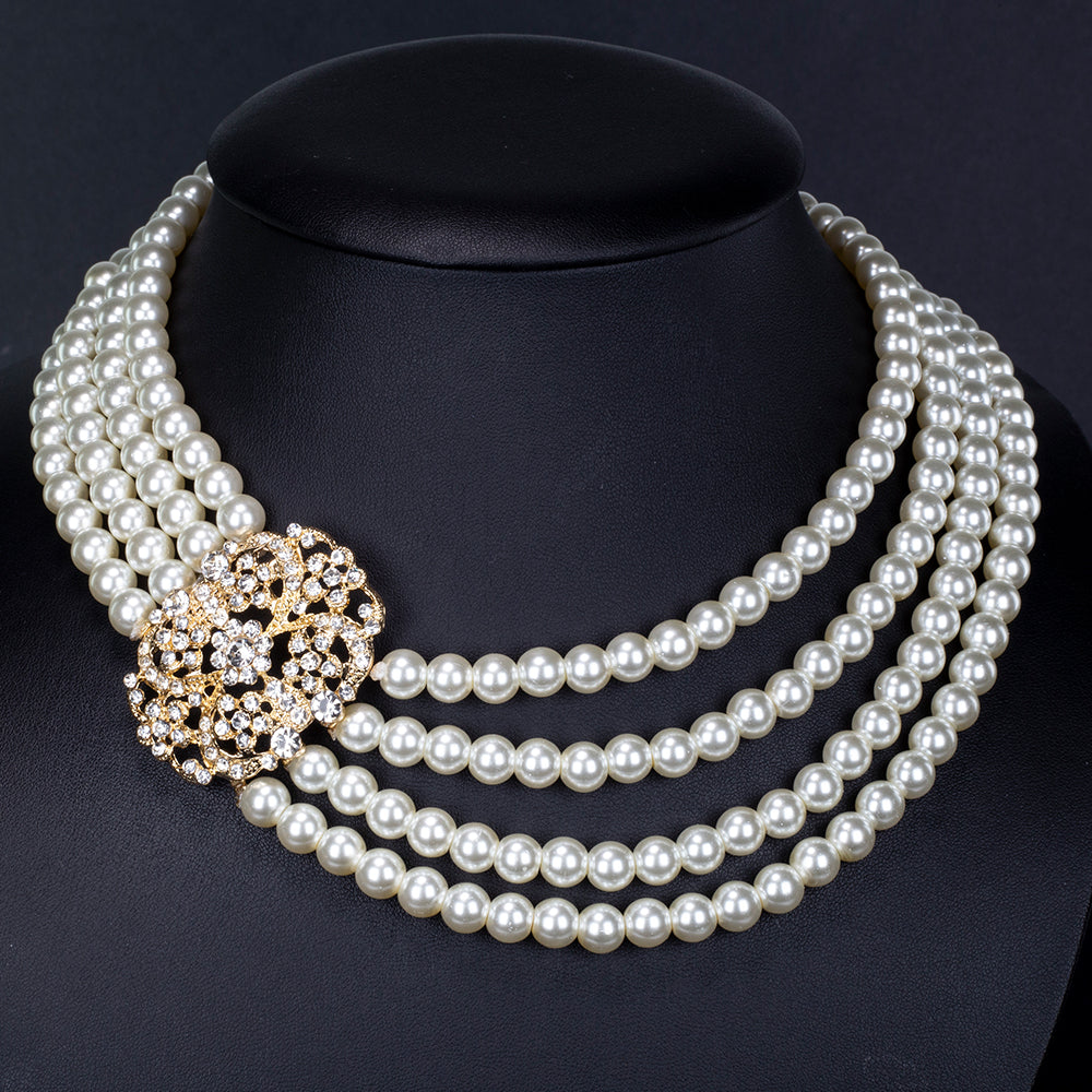 Conjunto de Aleación Bañado en Oro con Perla de cristal y Cristal Emporia® Blanco ( Collar +Pulsera )