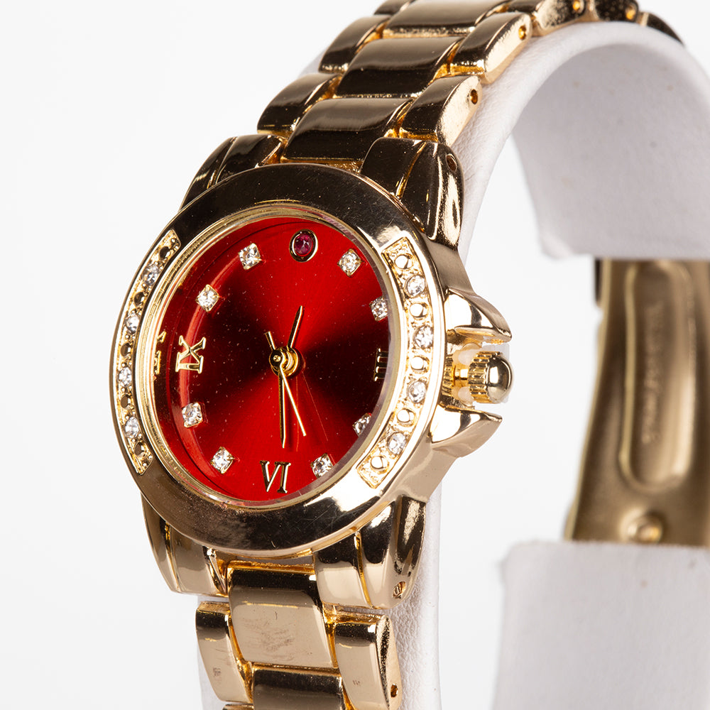 Reloj de Aleación Bañado en Oro con Rubí y Cristal Emporia® Blanco ( Collar +Pendientes +Colgante )