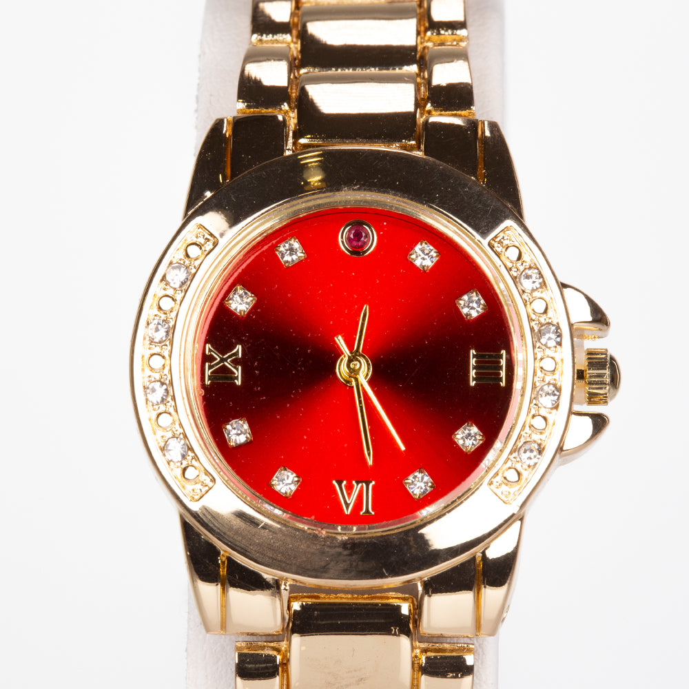 Reloj de Aleación Bañado en Oro con Rubí y Cristal Emporia® Blanco ( Collar +Pendientes +Colgante )