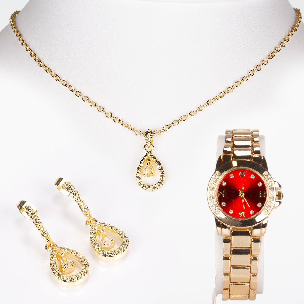 Reloj de Aleación Bañado en Oro con Rubí y Cristal Emporia® Blanco ( Collar +Pendientes +Colgante )