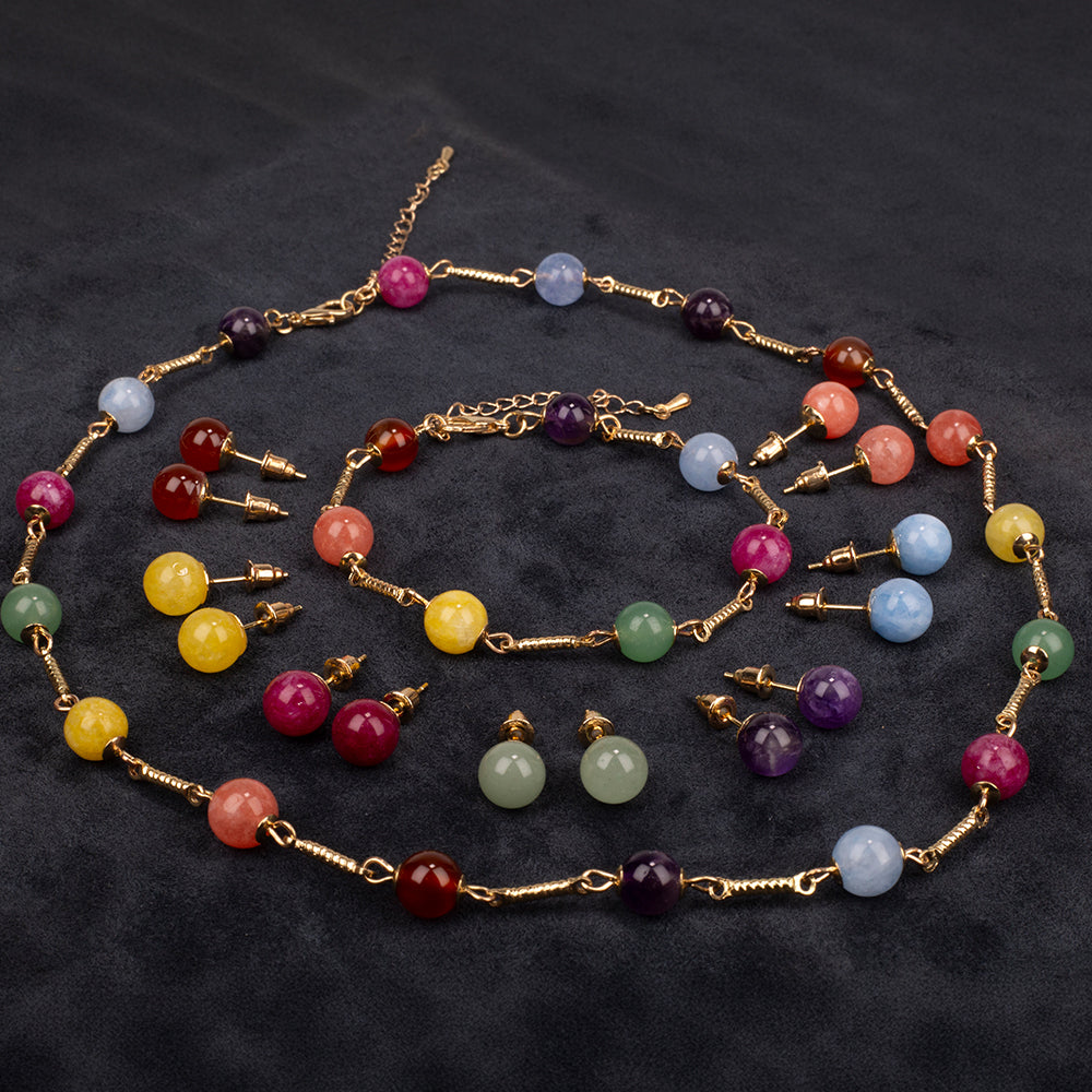 Conjunto de Aleación Bañado en Oro con Amatista y Jade ( Collar +Pendientes +Pulsera )