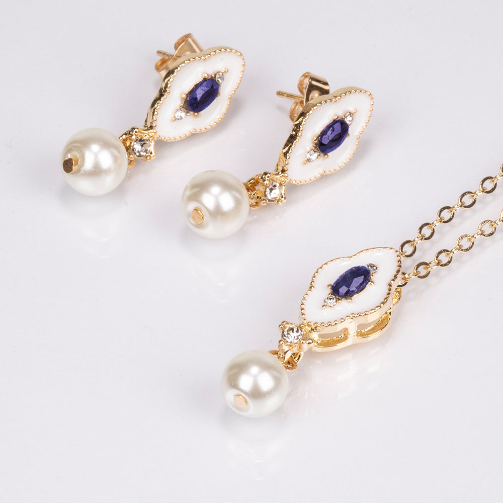 Conjunto de Aleación Bañado en Oro con Zafiro y Perla de cristal ( Collar +Pendientes +Colgante ) 1 