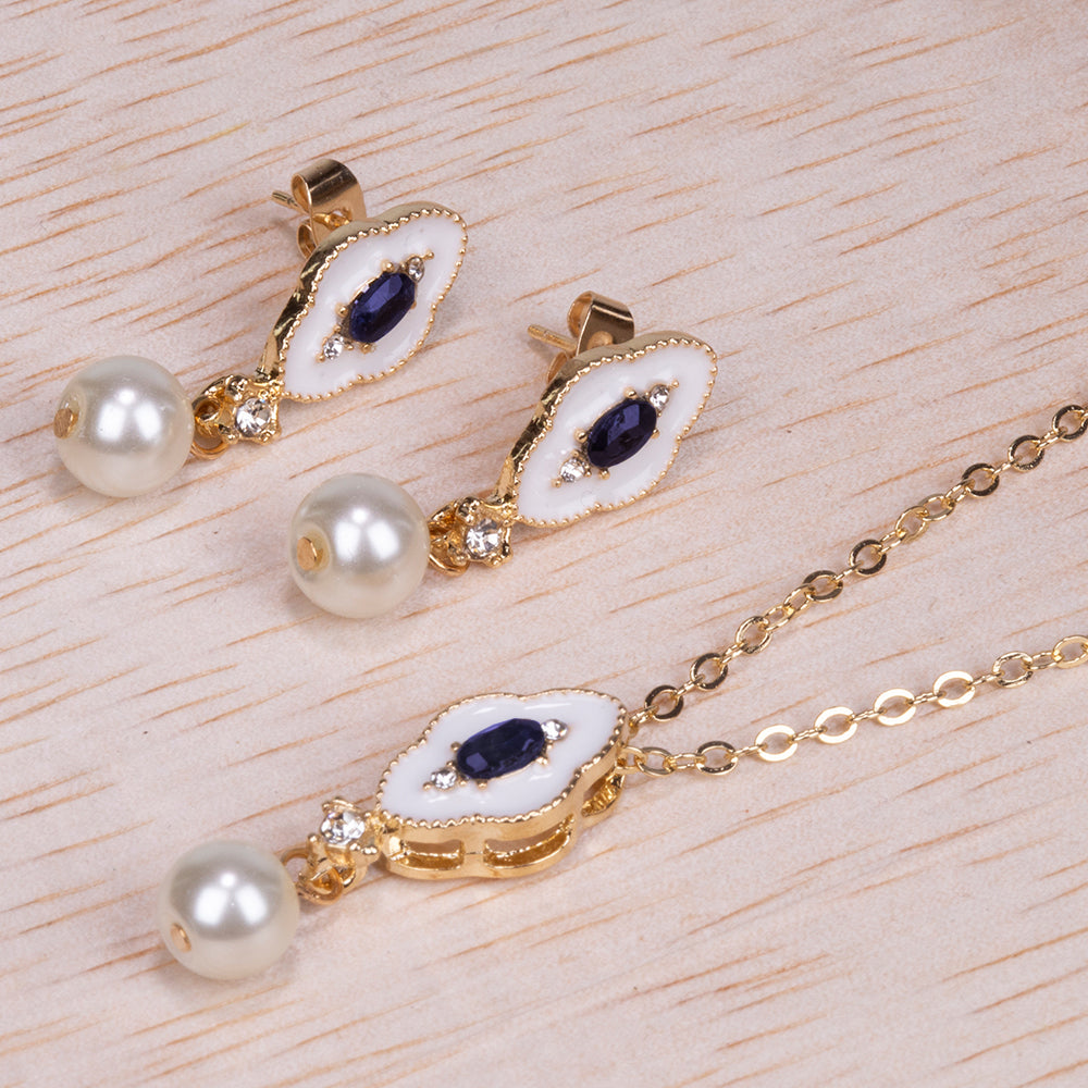 Conjunto de Aleación Bañado en Oro con Zafiro y Perla de cristal ( Collar +Pendientes +Colgante ) 2 