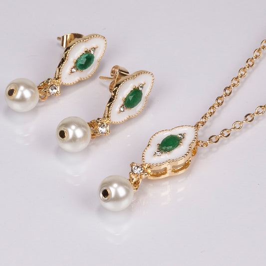 Conjunto de Aleación Bañado en Oro con Esmeralda y Perla de cristal ( Collar +Pendientes +Colgante )