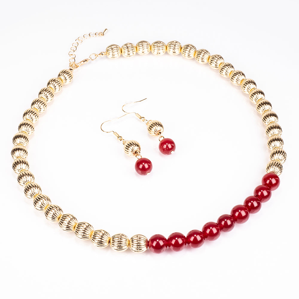 Conjunto de Aleación Bañado en Oro con Ágata Roja ( Collar +Pendientes )