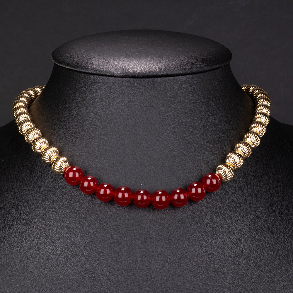 Conjunto de Aleación Bañado en Oro con Ágata Roja ( Collar +Pendientes ) 4 
