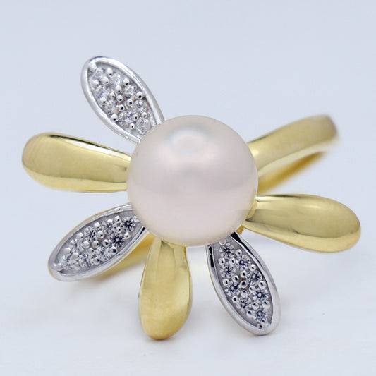 Anillo de Plata Bañada en Oro con Perla rosa de agua dulce de San Valentín y Zircón Blanco