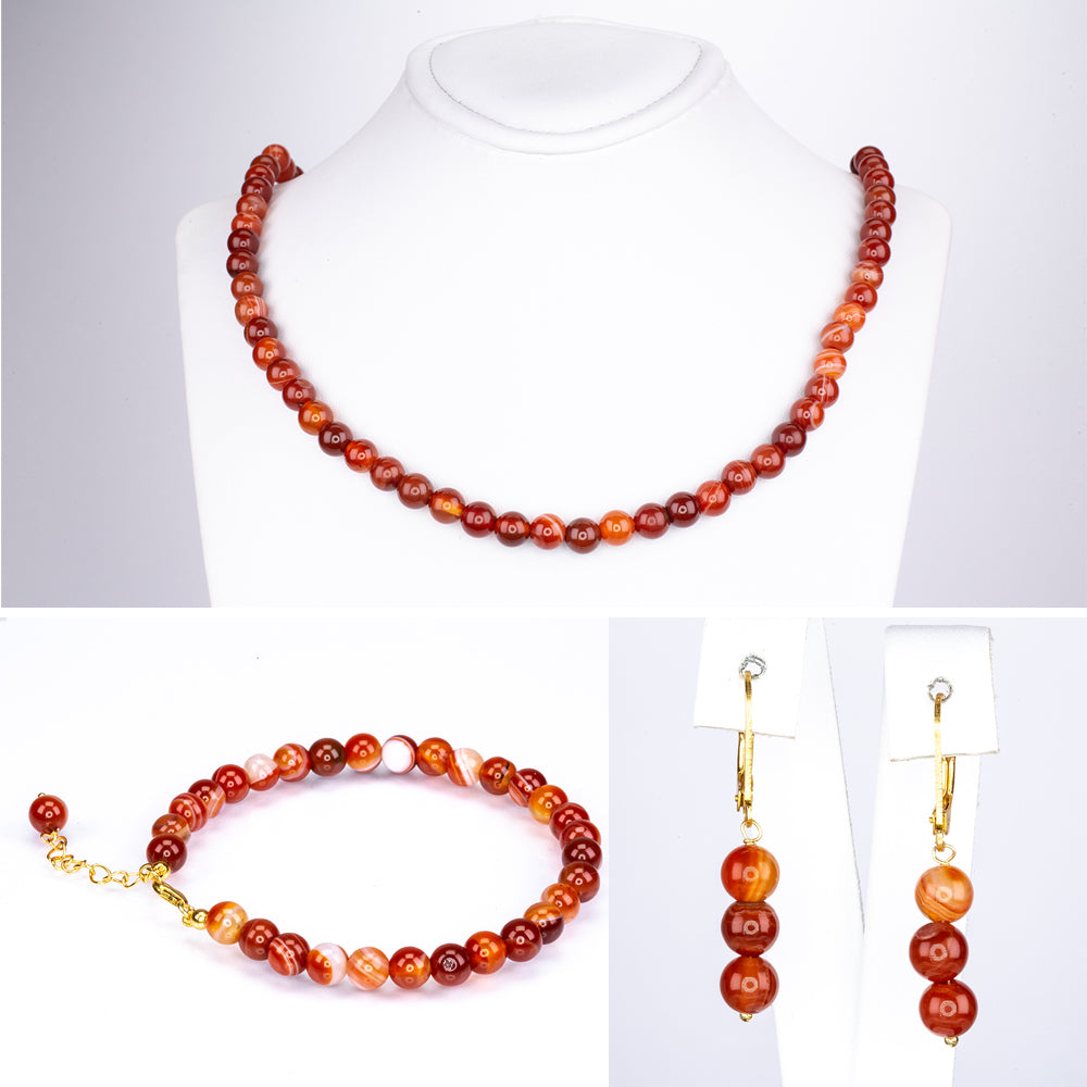 Conjunto de Plata Bañada en Oro con Ágata Roja ( Collar +Pendientes +Pulsera ) 6 