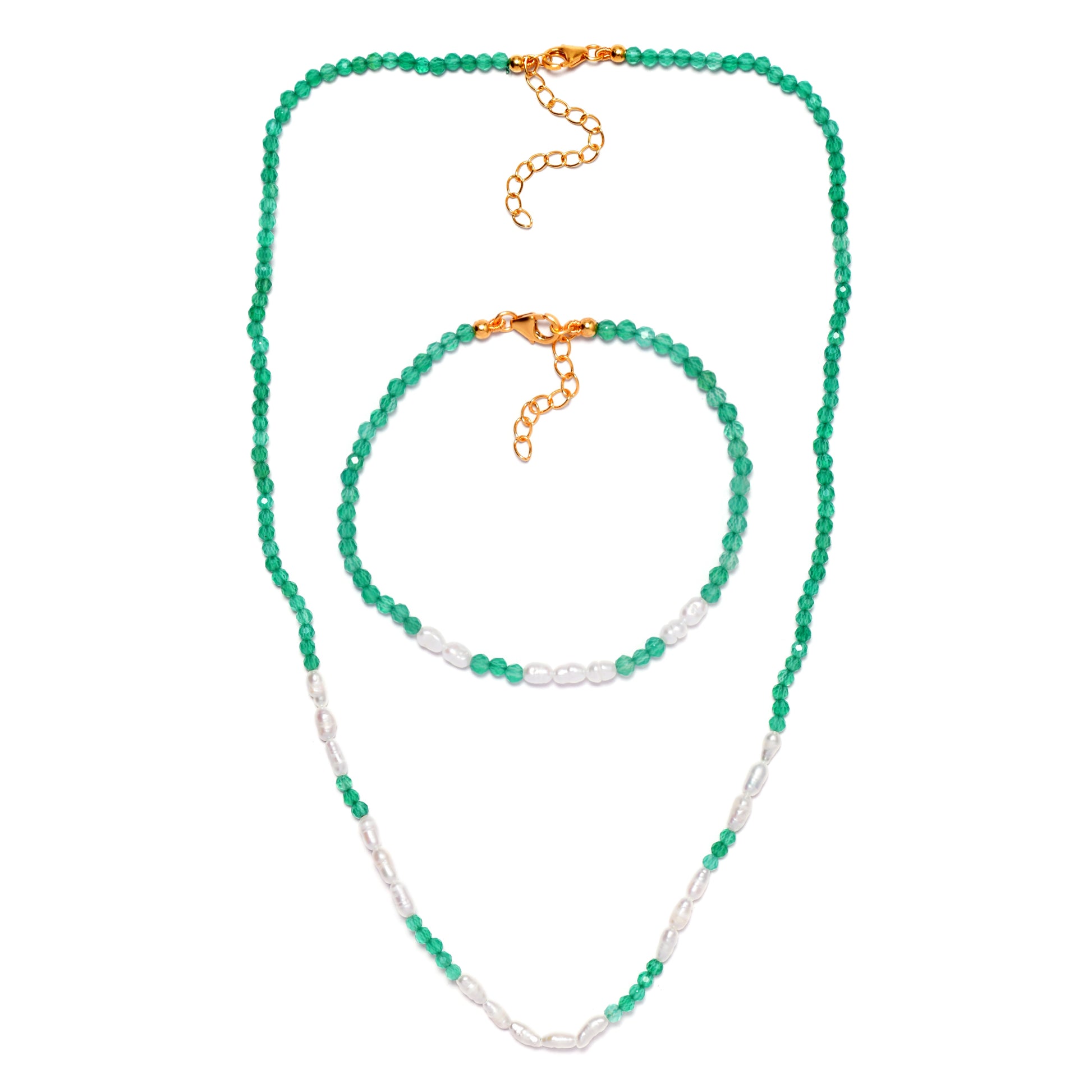 Conjunto de Plata Bañada en Oro con Ónix Verde y Perla de cristal ( Collar +Pulsera ) 1 