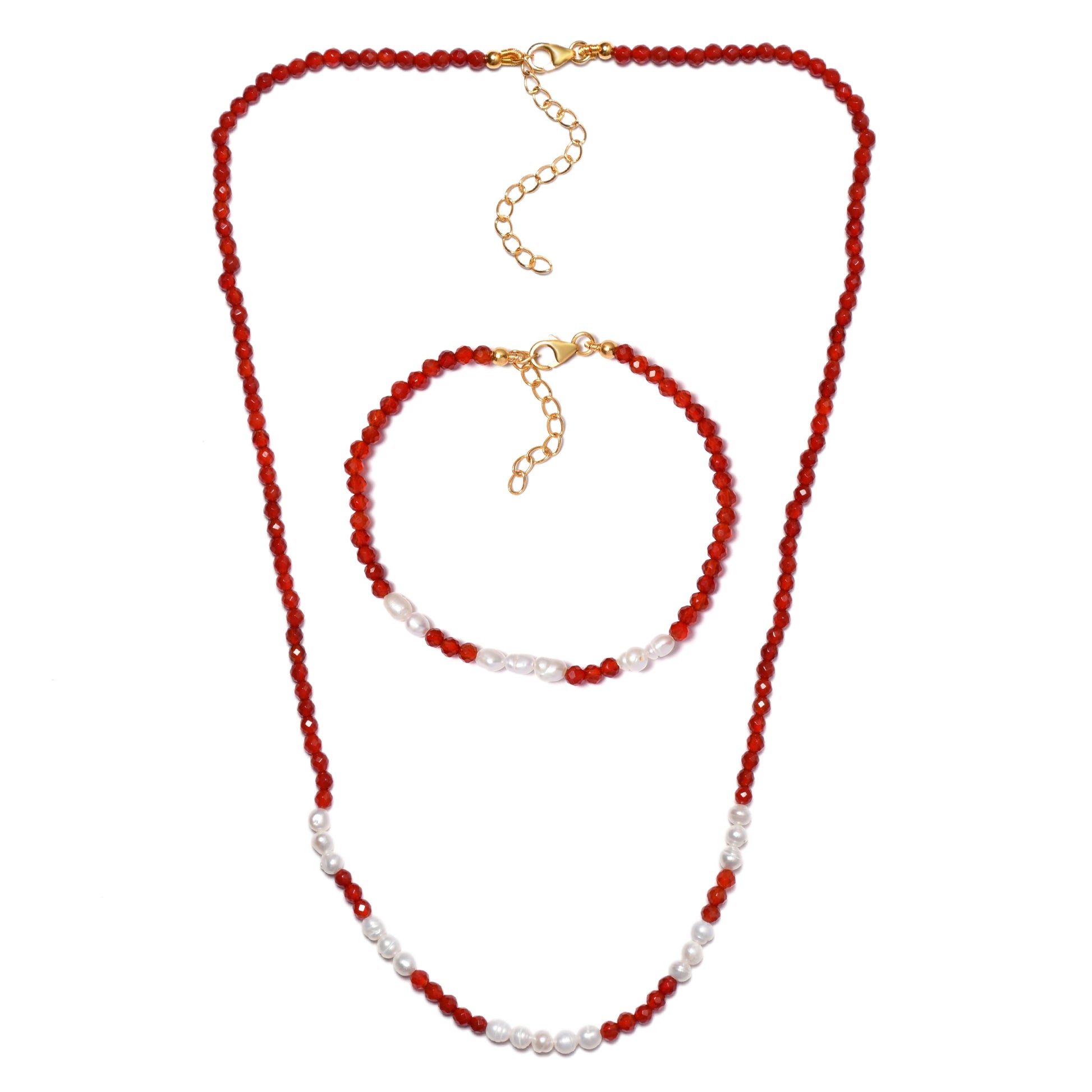 Conjunto de Plata Bañada en Oro con Ónice rojo y Perla de concha ( Collar +Pulsera ) 1 