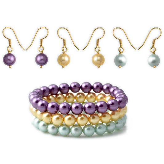 Conjunto de Plata Bañada en Oro con Perla Dorada de Agua Dulce y Perla Púrpura de Agua dulce ( Pendientes +Pulsera )