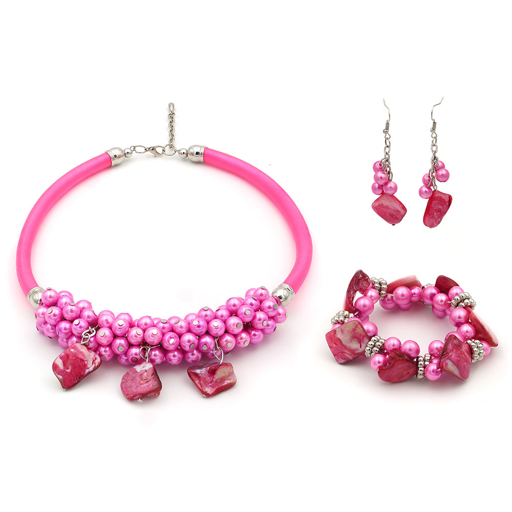 Conjunto Pepita con Concha y Cristal Emporia® Rosa ( Collar +Pendientes +Pulsera )