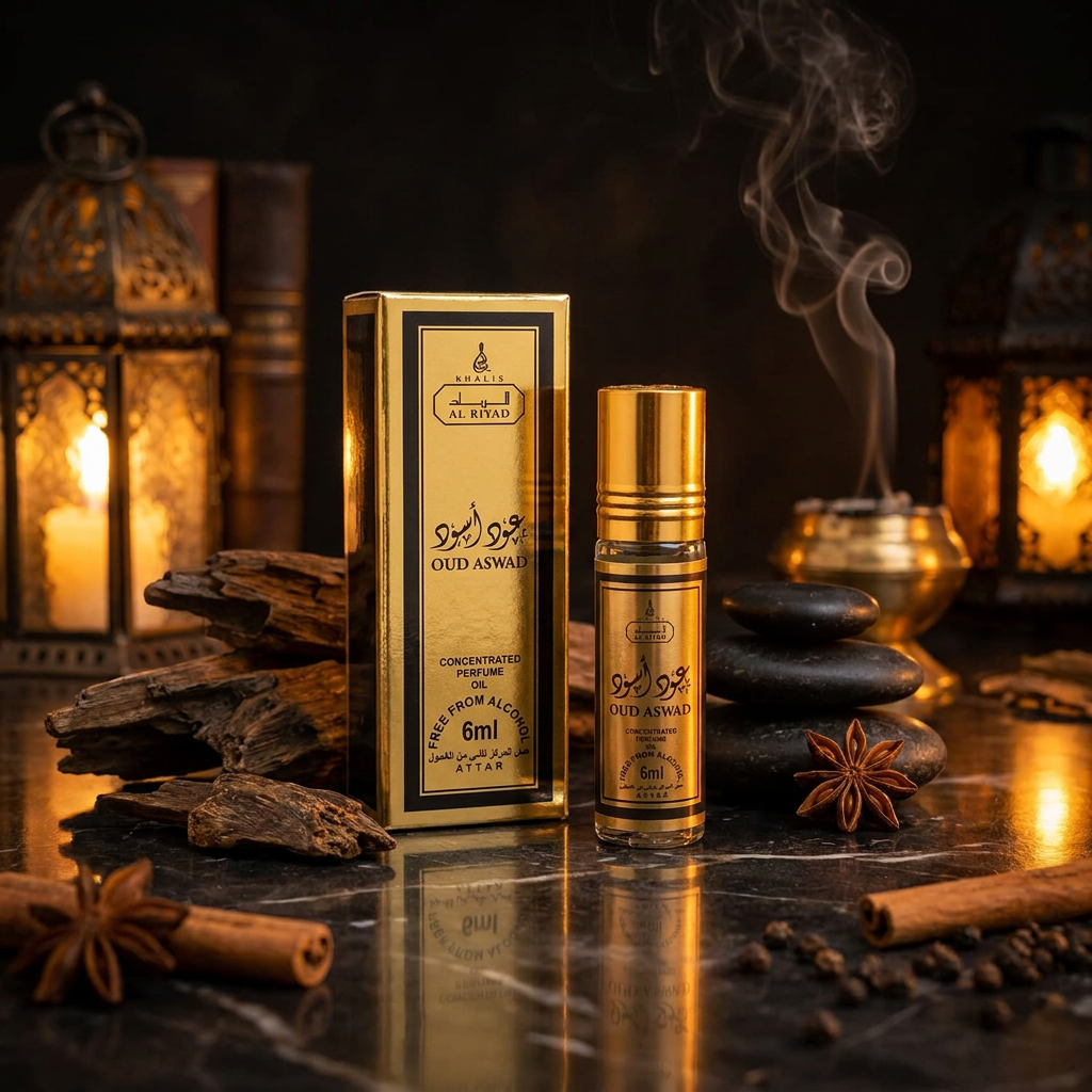 Aceite de perfume roll-on Oud Aswad Al Riyad (6 ml) – fragancia masculina amaderada y especiada