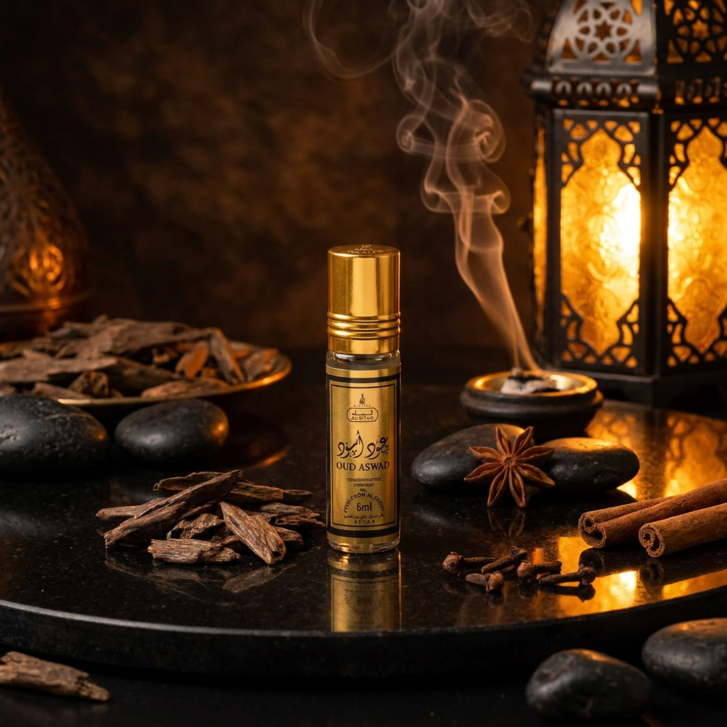 Aceite de perfume roll-on Oud Aswad Al Riyad (6 ml) – fragancia masculina amaderada y especiada 4 