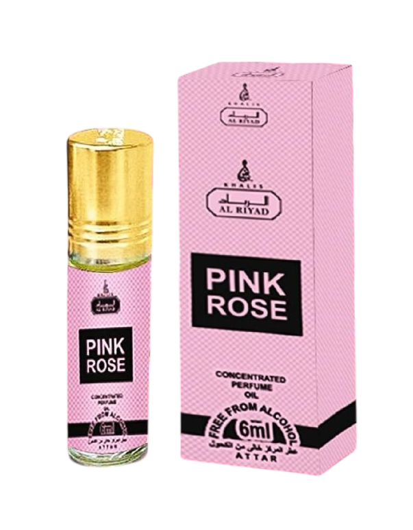 Aceite de perfume roll-on Pink Rose Al Riyad (6 ml): fragancia floral-frutal para mujer.