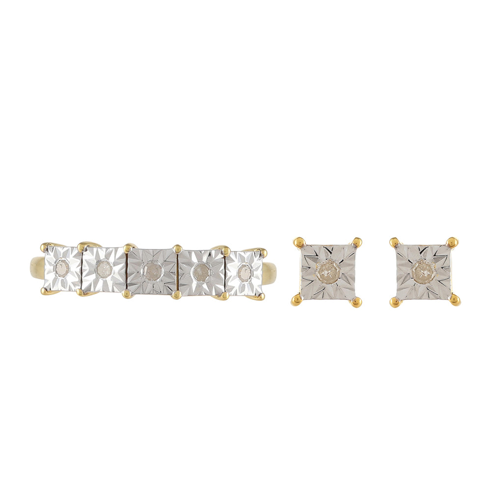 Conjunto de Plata Bañada en Oro con Diamante blanco ( Pendientes +Anillo )