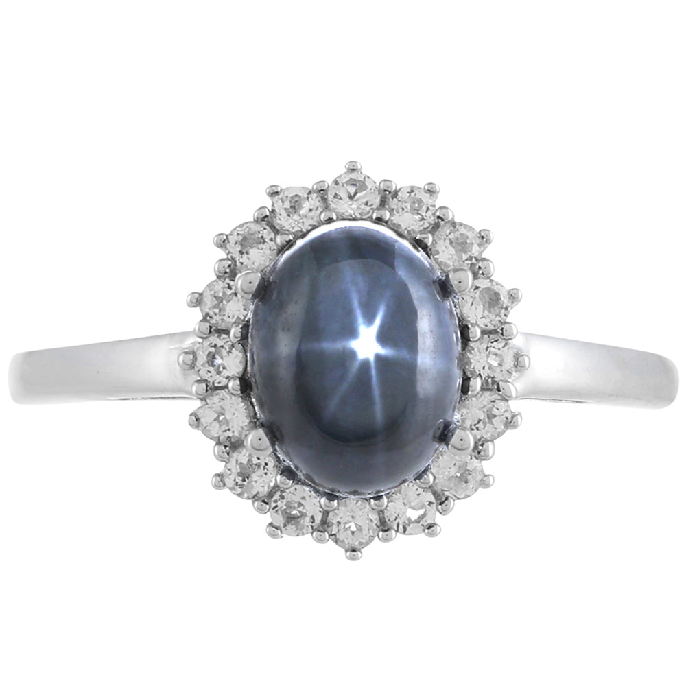 Anillo de Plata con Zafiro Estrella Azul Rosebery y Topacio Blanco