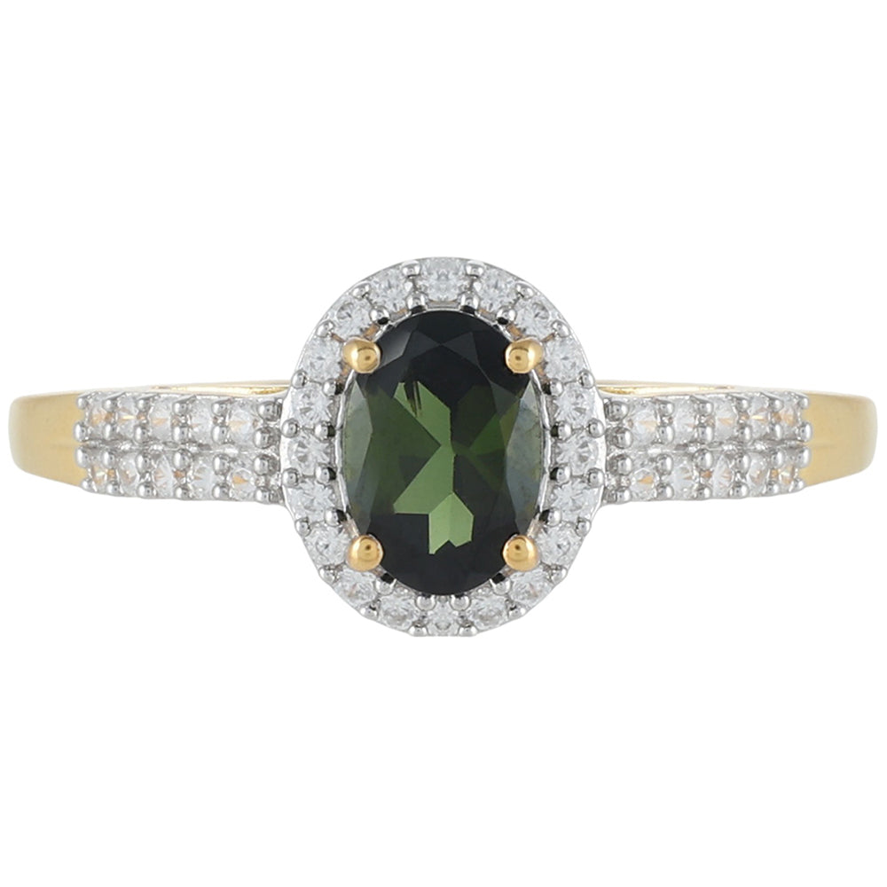 Anillo de Plata Bañada en Oro con Turmalina Verde y Zircón natural