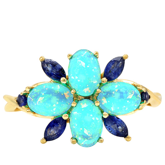 Anillo de Oro 9K con Ópalo Azul Paraiba de Etiopía y Zafiro Azul