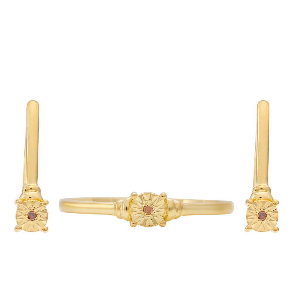 Conjunto de Plata Bañada en Oro con Diamante Rojo ( Pendientes +Anillo ) 1 