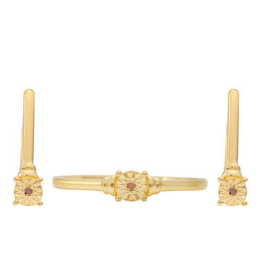 Conjunto de Plata Bañada en Oro con Diamante Rojo ( Pendientes +Anillo )